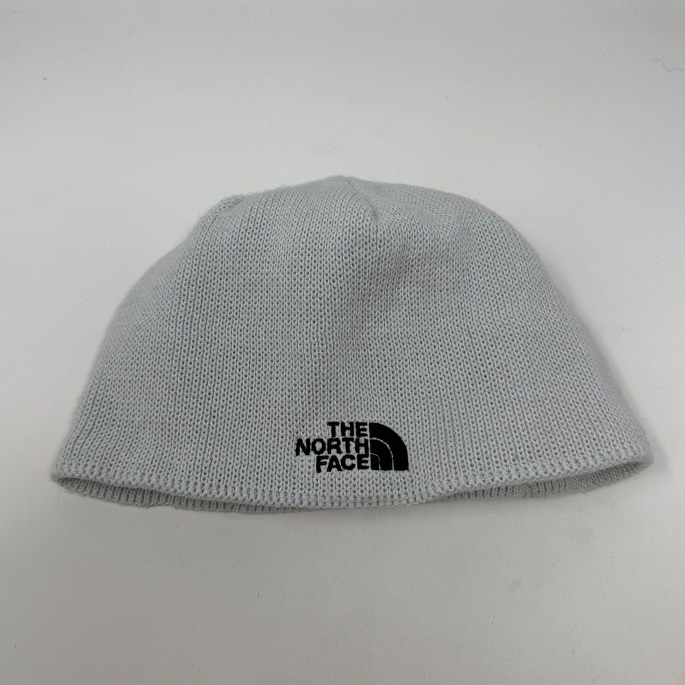 The North Face Light Grey Knit Fleece Lined Beanie Skull Cap Embroidered Logo